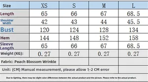 Size chart for tiered layered shirt showing measurements from XS to L in centimeters