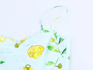 Detailed view of ruffle neckline and fresh lemon print on light blue poplin dress