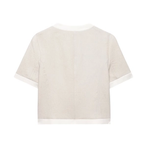 Linen short sleeve top in oatmeal with white contrast trim and pleated back detail
