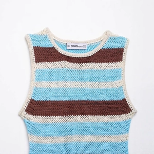 Sleeveless knit vest with sky blue, white, and brown horizontal stripes and ribbed crew neck