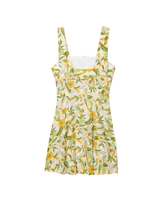 Détail d'une robe en mélange de lin à imprimé floral jaune et vert avec encolure carrée