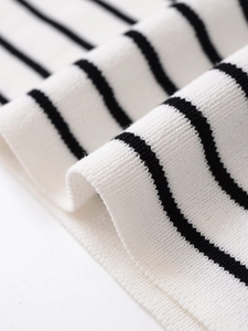 Macro shot of high-quality black and white striped knit fabric texture and detail