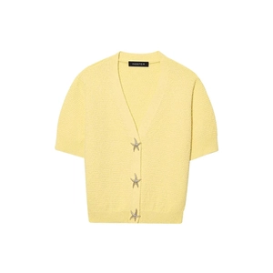 Gilet en Tricot à Manches Courtes et Col en V Élégant pour Femmes Jaune Clair Pull en Tricot Gauffré avec Boutons en Métal Étoile de Mer Top Décontracté