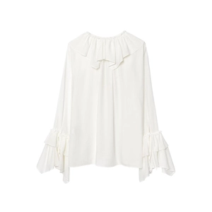 Detail of layered ruffle cuffs and tie strings on a white pleated chiffon long sleeve blouse