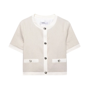 Chic beige short sleeve linen blend jacket and wide leg pants set for women