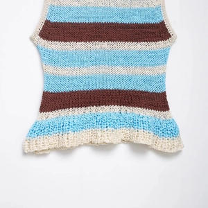 Chic striped knit tank top in blue and brown with handmade texture and sleeveless design