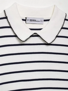 Detail of striped knit top featuring white Peter Pan collar and black lace trim edges