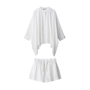 Completo Donna Casual Con Camicia Mantella Collo Coreana E Pantaloncini Coulisse Outfit Estivo Traspirante Top E Pantaloni