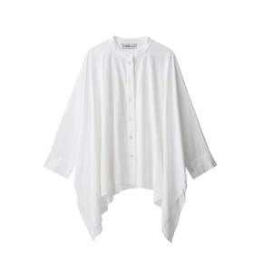 Camicia a mantella bianca minimalista in misto lino con collo alto e orlo asimmetrico