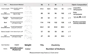 Detailed size chart for minimalist spring bomber jacket with 100% polyester fabric details