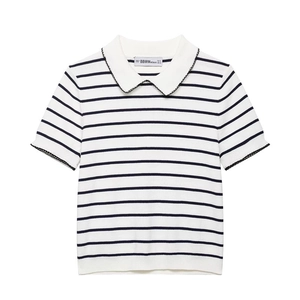 Women Short Sleeve Striped Knit Polo Top Scalloped Trim Contrast Edge French Style Slim Fit Knitted Pullover Sweater Top