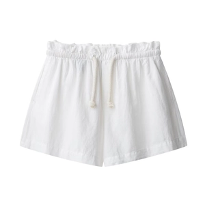 Pantaloncini da donna in misto lino bianco con vita alta elasticizzata e coulisse regolabile