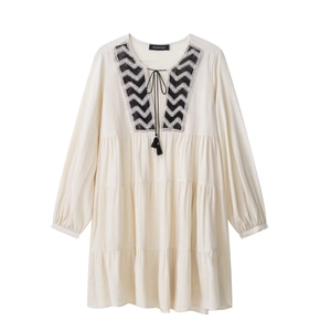 Women Bohemian Off-white Long Sleeve V-Neck Embroidered Midi Dress Casual Ethnic Tiered Cake Dress With Tassels