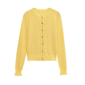 Yellow long sleeve openwork knit cardigan with round neck and ruffle edges