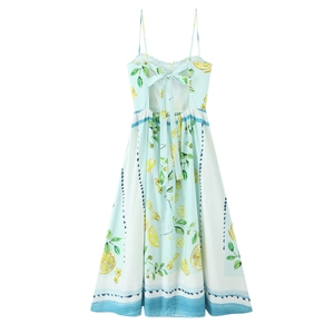 Light blue lemon print poplin sundress with open back and bow tie detail