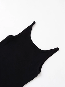 Close-up of black ribbed knit fabric showing the texture and quality of the U-neck tank top