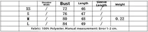 Size chart showing chest and length measurements for women's polyester zipper tops