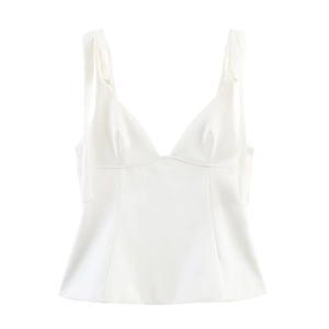 Elegant white satin camisole top with V-neck and decorative ribbon bow straps on white background