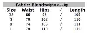 Detailed size chart for women's satin wide-leg pants showing XS to L measurements