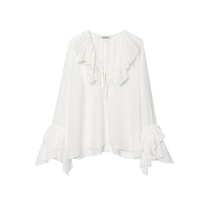 Elegant Ruffle V-Neck Long Sleeve White Blouse Women Layered Decorative Tie Collar Crepe Fabric Retro Casual Romantic Tops