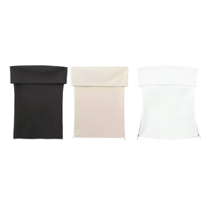 Detail showing side zipper and folded collar on colorful knit tube tops for women