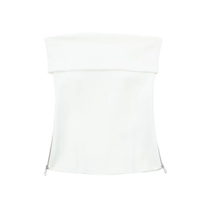 Detail view of white tube top featuring side metal zippers and folded neckline design