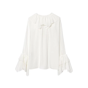 Elegant white long sleeve shirt with layered ruffle collar and tiered flared cuffs