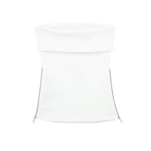 Detail of white strapless top featuring decorative silver metal side zippers and knit texture