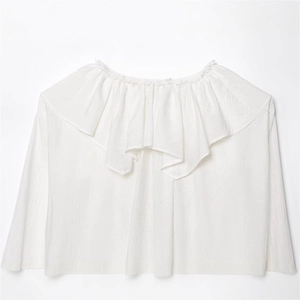 White long sleeve shirt with layered ruffle collar and crinkled texture fabric
