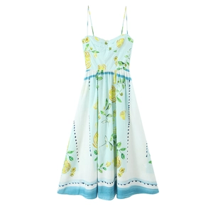 Women Summer Lemon Print Camisole Midi Dress Spaghetti Straps Backless A-Line Vacation Beach Party Dress Casual Streetwear