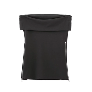 Detail of black off-shoulder knit top featuring side metal zippers on a white background