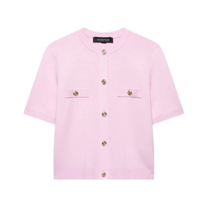 Gilet en maille rose à manches courtes avec boutons dorés et poches décoratives