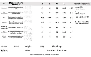 Size chart for women's fashion jacket showing XS to L measurements and polyester material