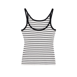 Minimalist black and white striped knit camisole top with ribbed texture and slim fit design