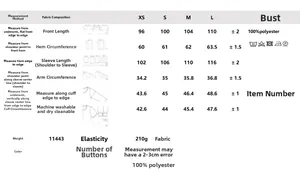 Detailed size chart for women's blouse with chest, length, and sleeve measurements