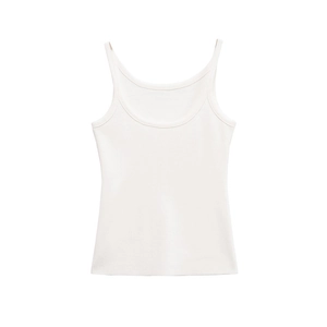 Slim fit cream knit camisole top with deep U-neckline and elastic ribbed texture