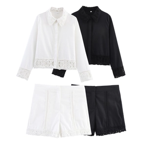 Detail of crochet lace trim on white and black shirt and shorts sets for women