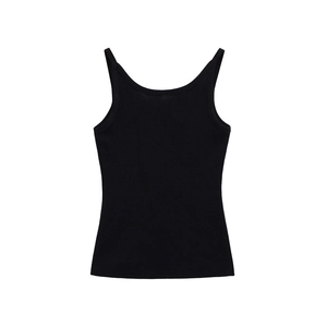 Women minimalist black ribbed knit tank top with thin straps and scoop neck for spring