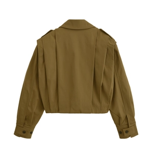 Rear view of minimalist olive bomber jacket featuring shoulder epaulettes and pleated back