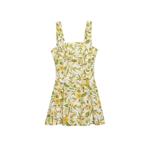 Robe Élégante en Mélange de Coton et Lin Imprimé Floral pour Femmes Col Carré Plissé Coupe en A Mini Robe d'Été