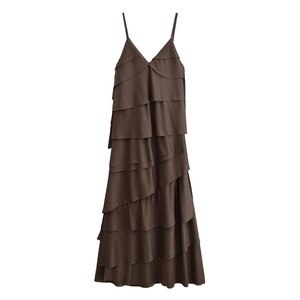 Detail view of dark coffee layered camisole dress with V-neckline and ruffles