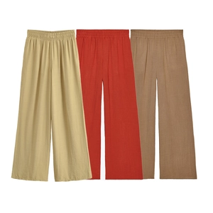 Minimalist wide-leg cotton linen trousers with elastic waist in khaki and brown colors