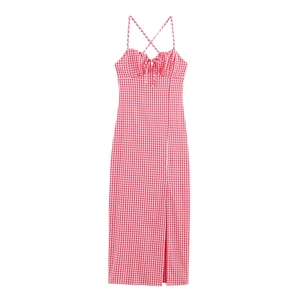 Damen Sommer Gingham Midi Kleid Süß Camisole Rückenfrei Schnürung Schlitz Karo Slim Fit Herz Ausschnitt Lässige Urlaubs Kleidung