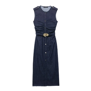 Damen Ärmelloses Denim Maxikleid Einreihig Mit Geraffter Taille Elegantes Kleid Mit Gürtel Mit Blumenschnalle Dunkelblaues Jeanskleid