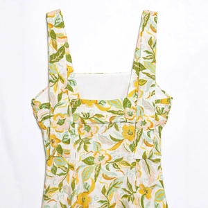 Robe en lin mélangé à col carré avec imprimé floral jaune vintage pour femmes