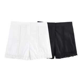 Detail showing high-waisted shorts with crochet lace trim in classic black and white