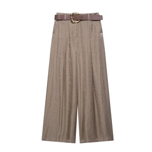 Women Satin Texture Wide Leg Pants High Waist Straight Trousers With Belt Office Streetwear Brown Flowy Long Pants