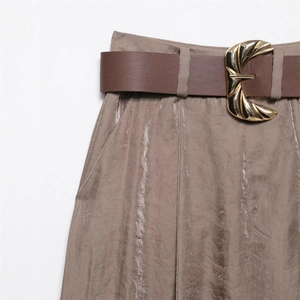 Women's high waist satin wide leg trousers in brown with luxury gold buckle belt
