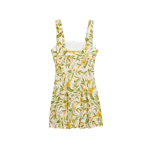 Robe d'été fleurie en lin mélangé avec encolure carrée et motifs jaunes et verts