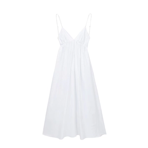 Women Elegant White V Neck Spaghetti Strap Midi Dress High Waist Ruched A Line Backless Summer Party Flowy Dresses